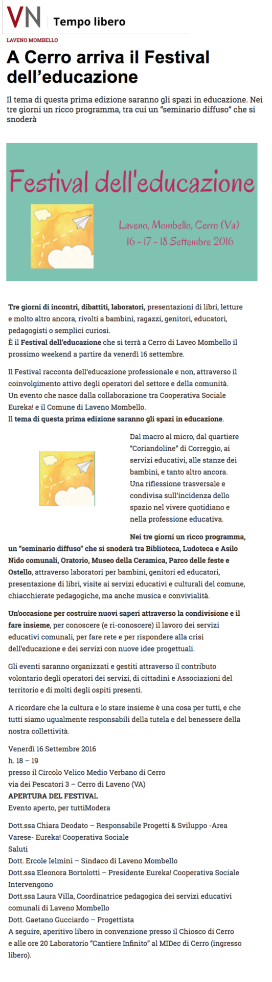 A Cerro arriva il Festival Dell’Educazione