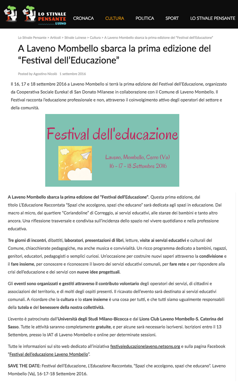 A Laveno Mombello sbarca la 1a edizione del Festival Dell’Educazione