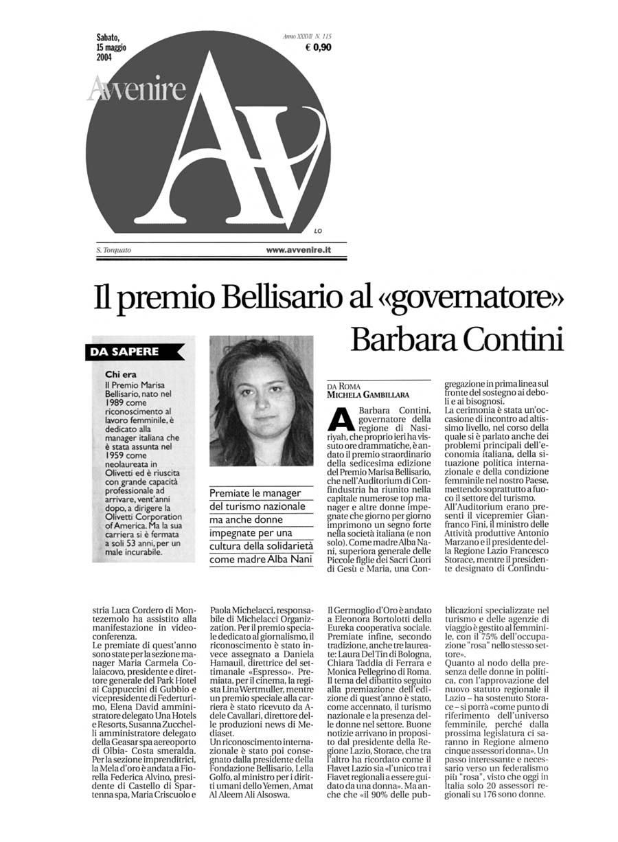 Il premio Bellisario al “Governatore” Barbara Contini