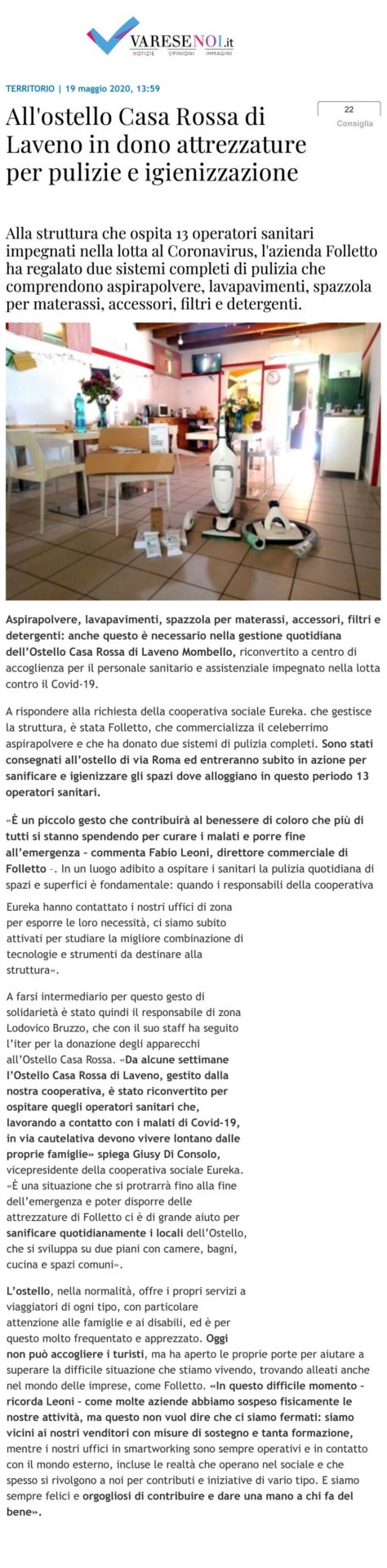 All’ostello Casa Rossa di Laveno in dono attrezzature per pulizie e igienizzazione