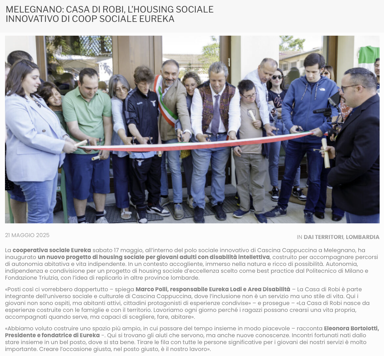 MELEGNANO: CASA DI ROBI, L’HOUSING SOCIALE INNOVATIVO DI COOP SOCIALE EUREKA